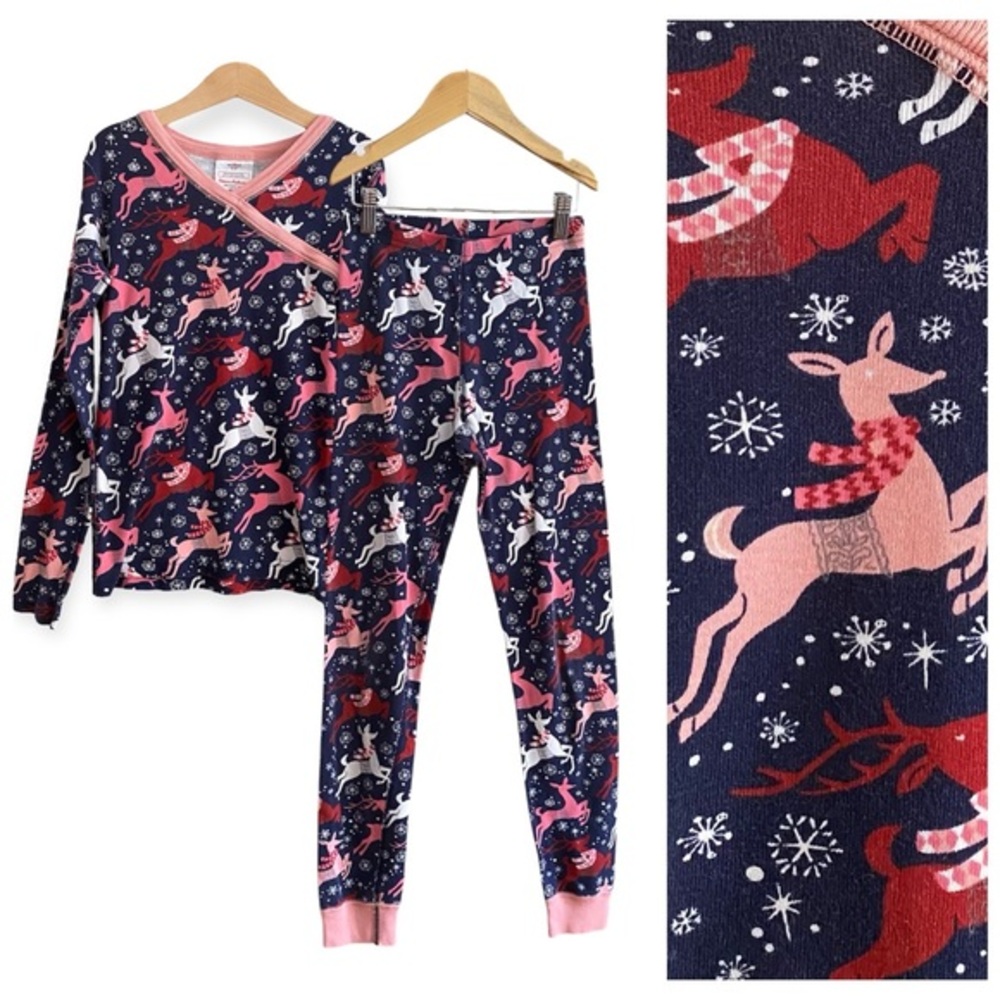 Hanna Andersson Navy Blue Holiday Christmas Pink Reindeer Print Pajama Set 10